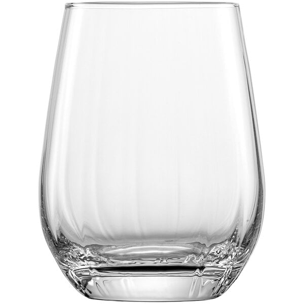 A Schott Zwiesel Wineshine stemless wine glass with a white background.