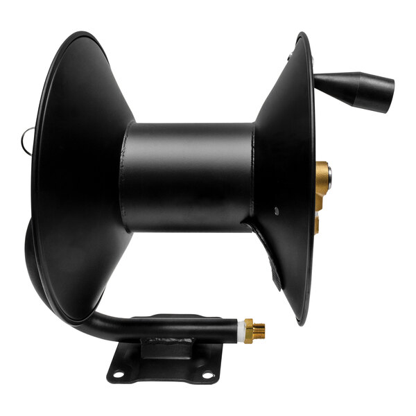 A black steel AR North America hose reel spool with a black handle.