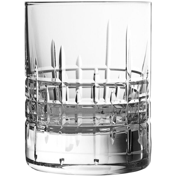 A close up of a Schott Zwiesel Distil Aberdeen rocks glass with a diamond pattern.