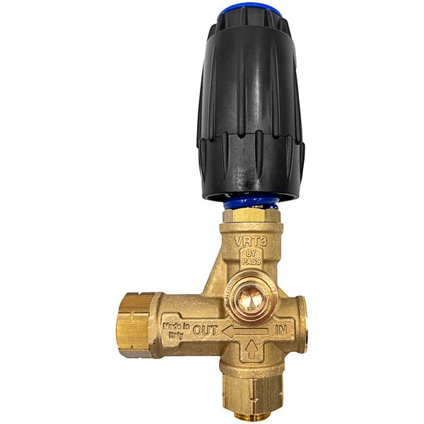 A close-up of the brass AR North America Mecline VRT3-250 pressure washer unloader valve with a blue handle.