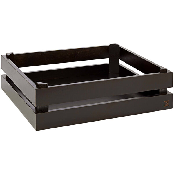 A dark acacia wood crate with handles.