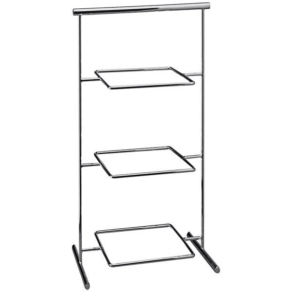 A chrome metal 3-tier serving stand with three shelves.