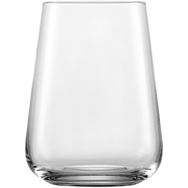 A close up of a Schott Zwiesel clear beverage glass.