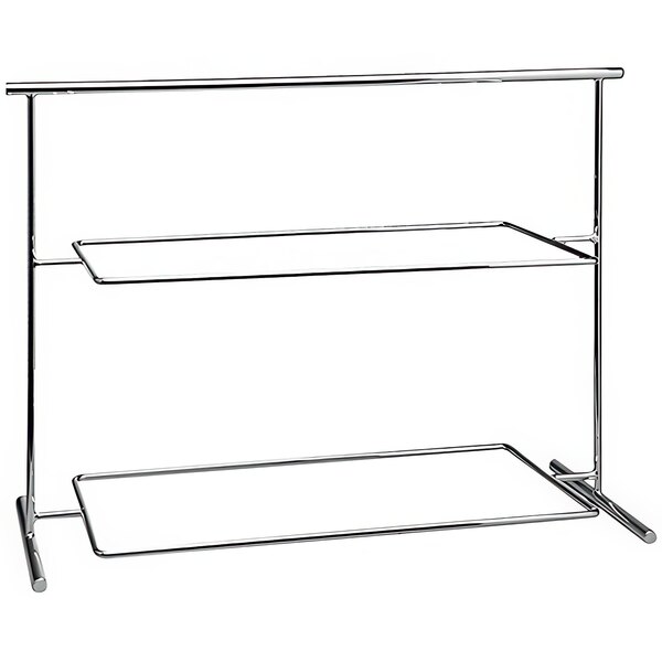 A chrome metal 2-tier serving stand with two shelves.