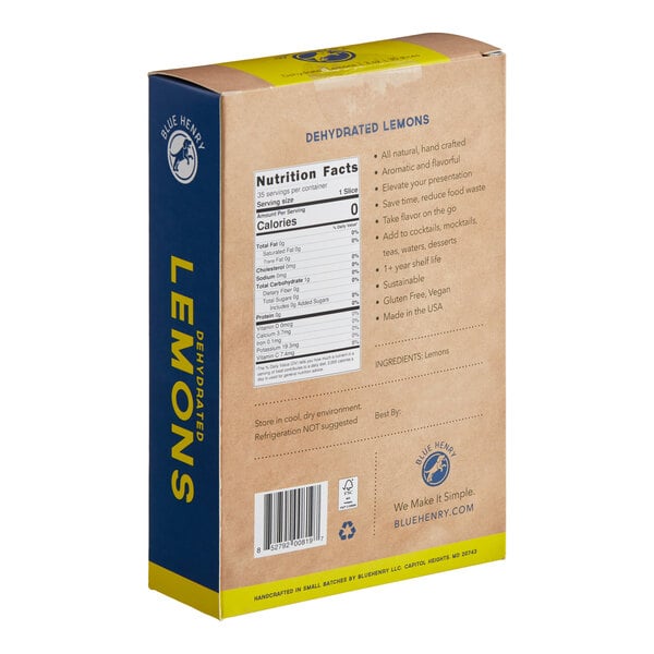 A box of Blue Henry dried lemon slices on a counter.