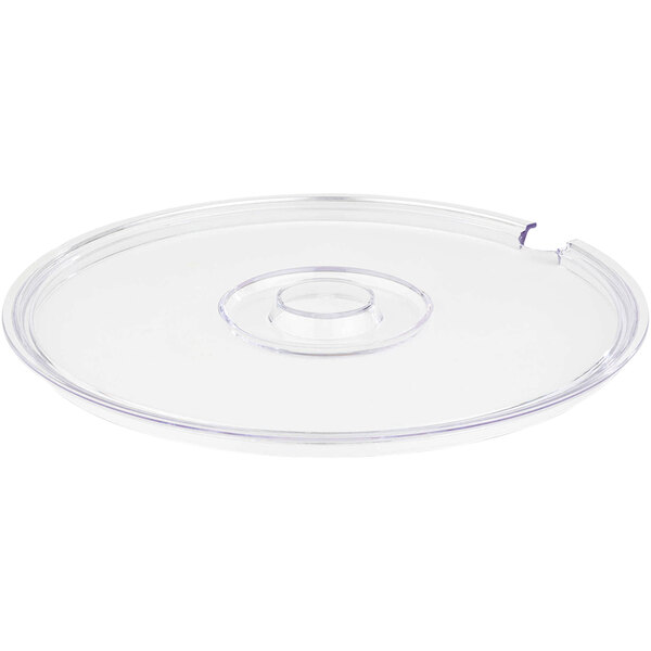 A clear plastic lid with a round center and a notch.