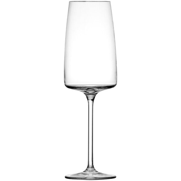 A close-up of a clear Schott Zwiesel Sensa flute wine glass with a long stem.