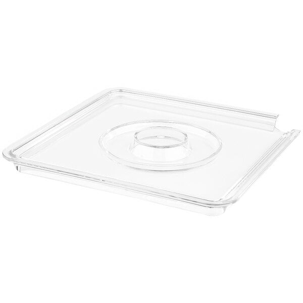 A clear plastic square lid with a round notch and handle.