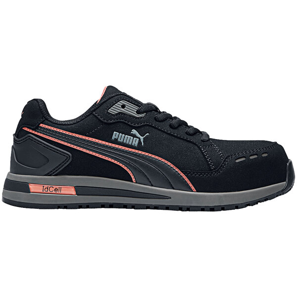 A black Puma women's athletic shoe with pink and grey accents and a composite toe.