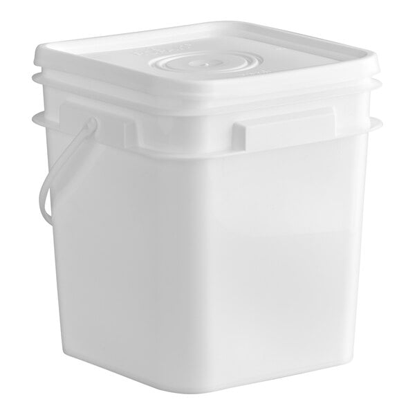 A white, square plastic tub with a lid and a handle.