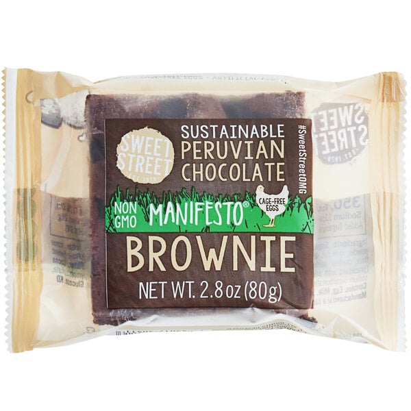 A plastic package of Sweet Street Desserts Peruvian Chocolate Manifesto brownies.