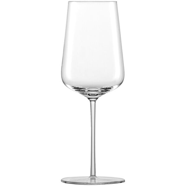 A close-up of a clear Schott Zwiesel Verbelle Cabernet wine glass with a long stem.