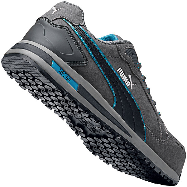 A close up of a gray and blue Puma Airtwist low athletic shoe.