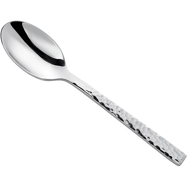 A Oneida stainless steel demitasse spoon with a hammered handle.