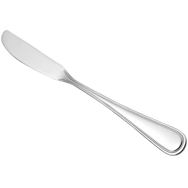 A silver butter knife with a long handle.