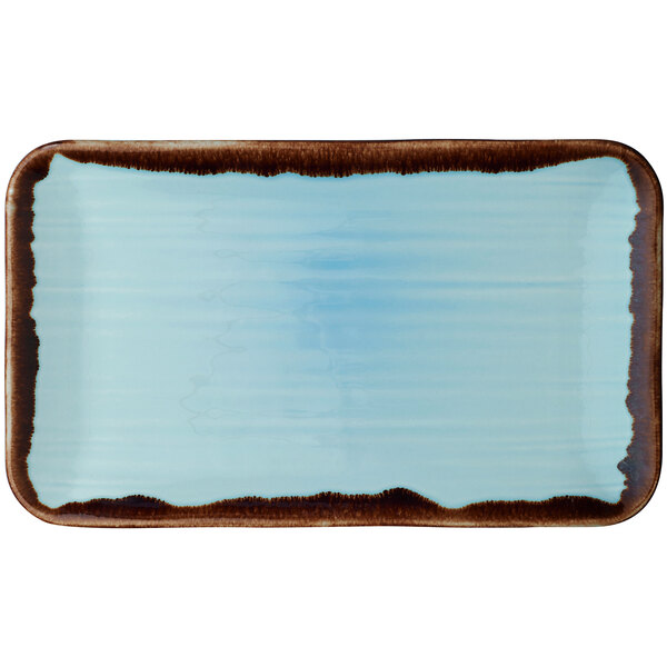 A turquoise rectangular china platter with a brown border.