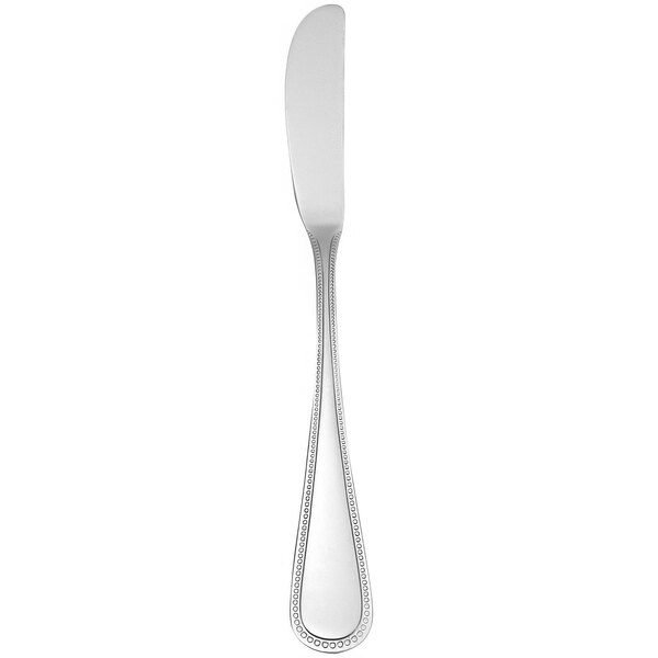 A close-up of a silver Oneida Pearl butter spreader.