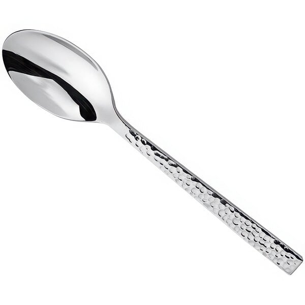 A Oneida stainless steel teaspoon with a hammered handle.