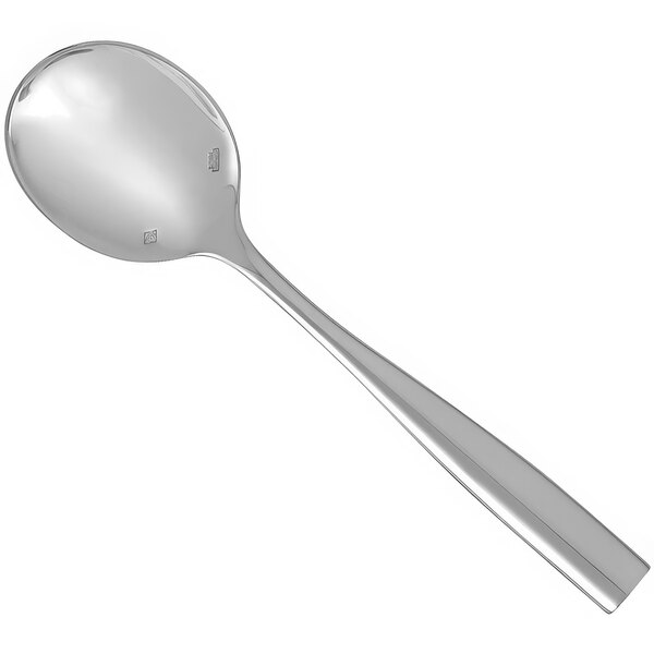 A Sant'Andrea Vasari stainless steel round bowl soup spoon with a handle.