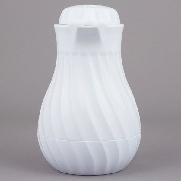 A white plastic Vollrath beverage server with a lid and handle.