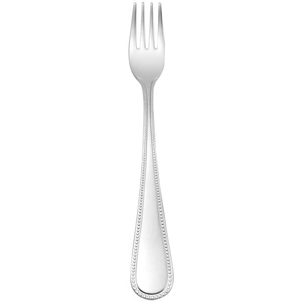 A Oneida Pearl stainless steel oyster/cocktail fork with a silver handle.