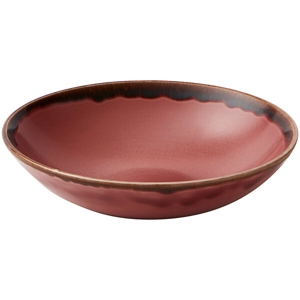 A Dudson Harvest plum china bowl with a black rim.