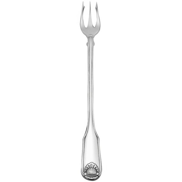 A Oneida stainless steel oyster/cocktail fork with a classic shell design on the handle.