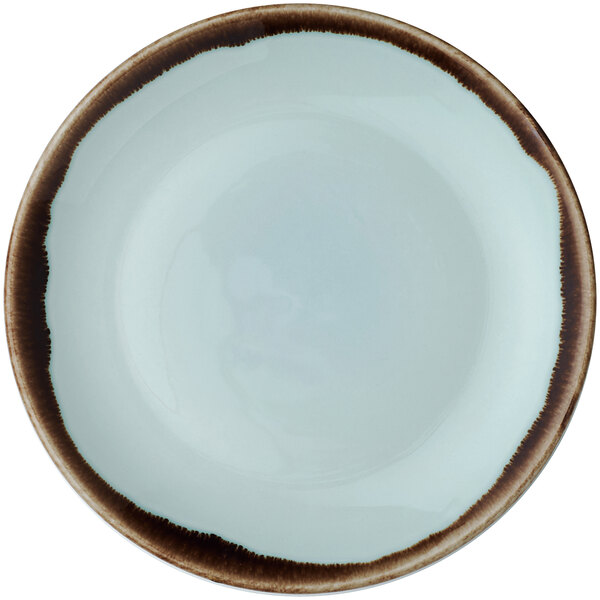 A white plate with brown edges.