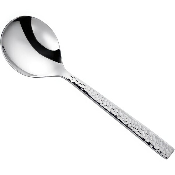 A Oneida stainless steel bouillon spoon with a hammered handle.