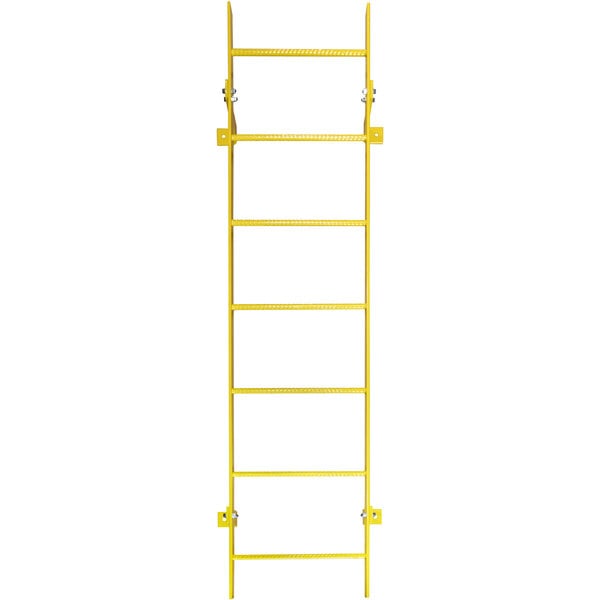 A yellow Ballymore safety ladder with metal bars and two handles.