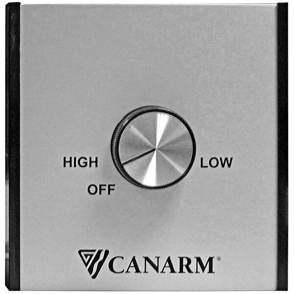 A silver and black Canarm wall mount fan control with a knob and black lettering.