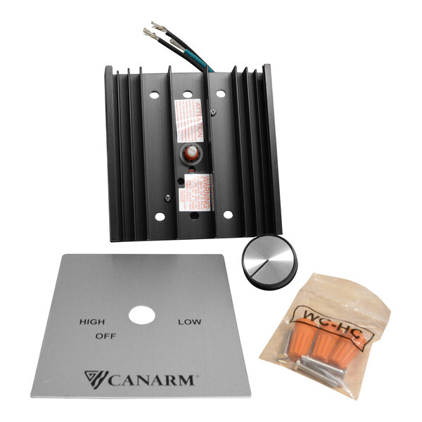 A wall-mount fan control kit with a metal faceplate labeled with high, low, and off settings, a rotary knob, wiring connectors, and a black heat sink component with attached wires.