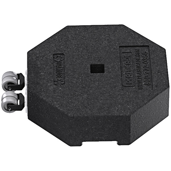 A black hexagon shaped Rubber Base with wheels.