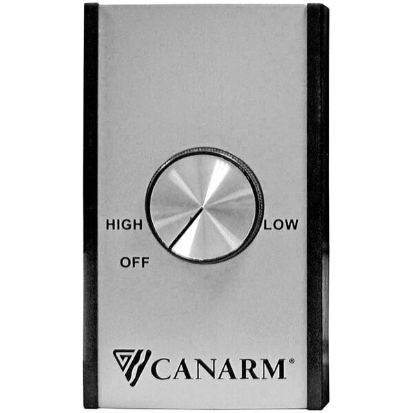 A silver and black Canarm wall mount fan control with a knob on a white background.