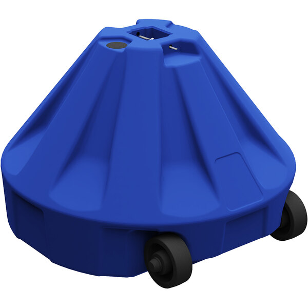 A blue Plasticade container with wheels.