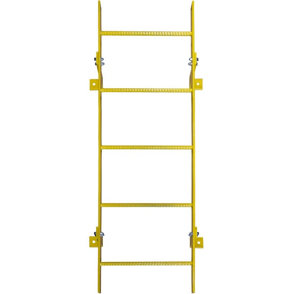 A yellow metal Ballymore fixed ladder with nine rungs.