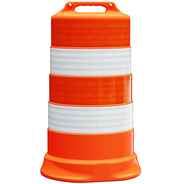 An orange Plasticade traffic drum with white prismatic grade sheeting strips.