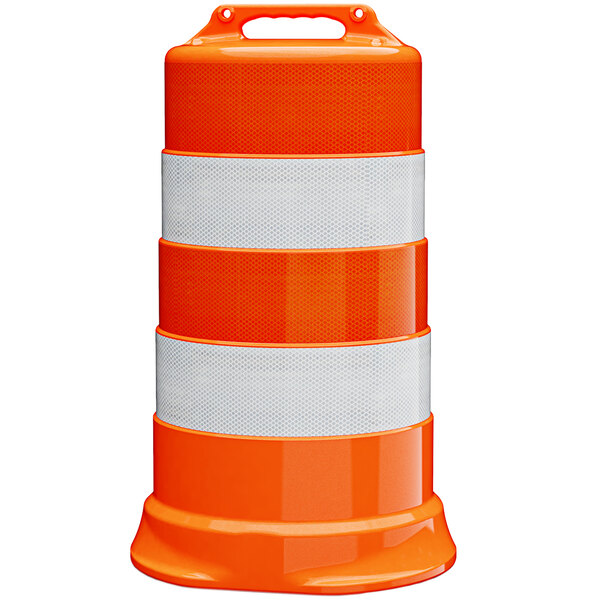 An orange Plasticade traffic drum with white diamond grade sheeting strips.