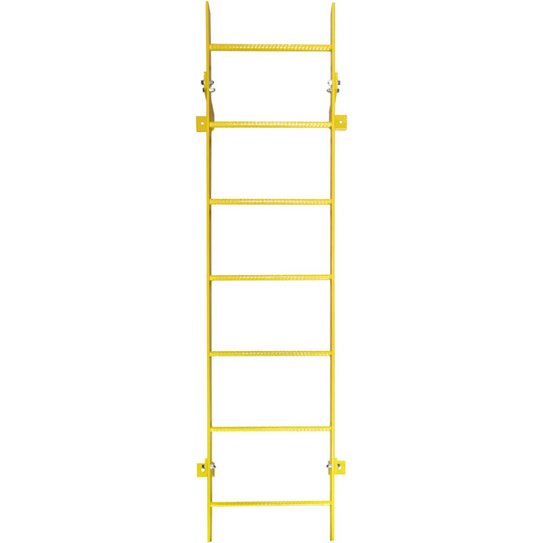 A yellow Ballymore steel ladder with 7 rungs and metal bars.