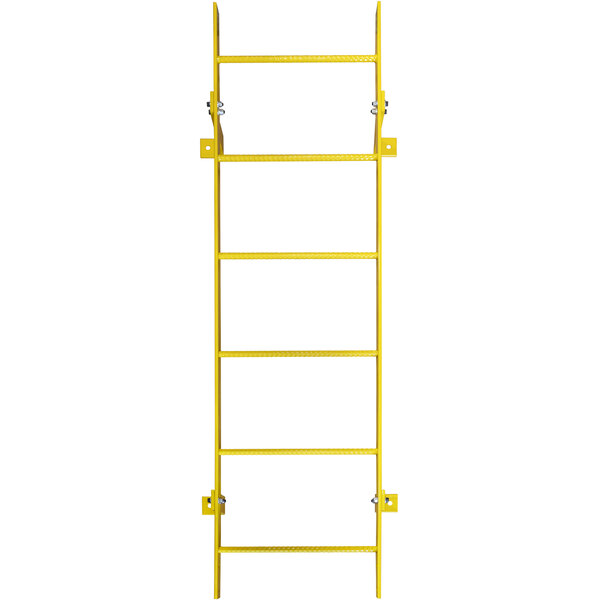 A yellow Ballymore ladder with two metal bars.