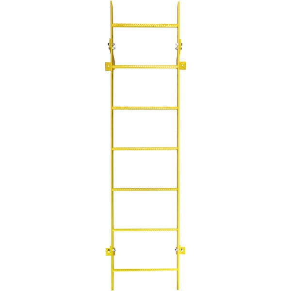 A yellow Ballymore steel ladder with metal bars.