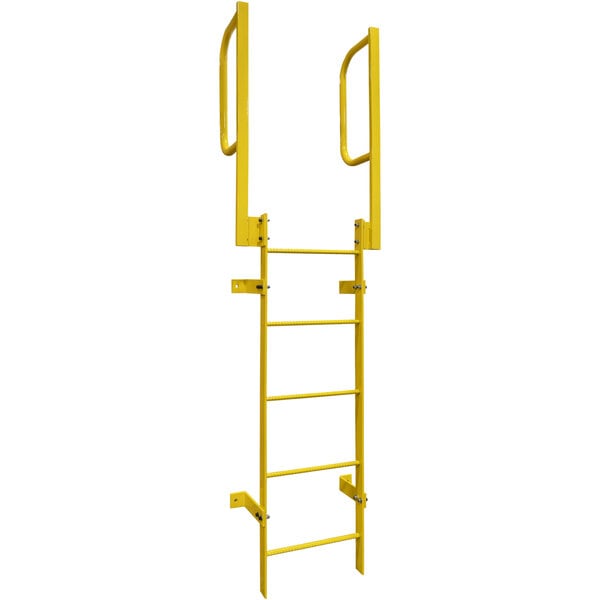 A yellow Ballymore steel ladder with walk-thru guardrails.