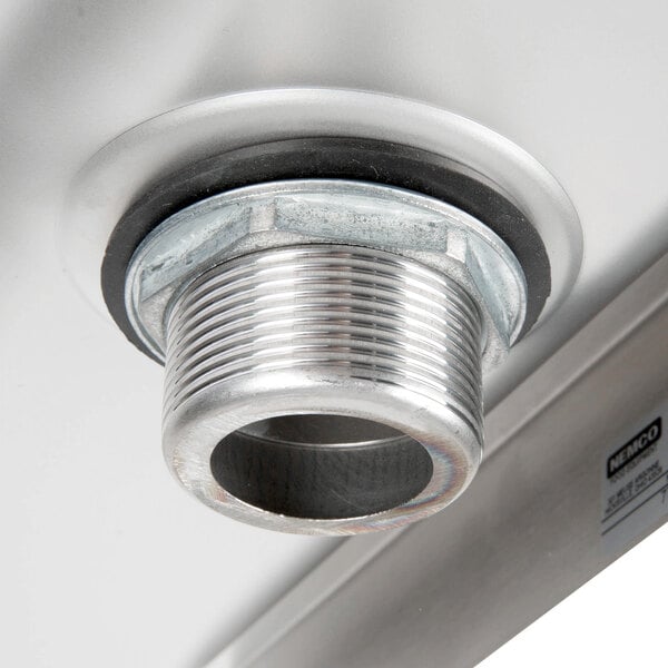A stainless steel Nemco ice cream dipper well faucet with a metal nut on a thread.