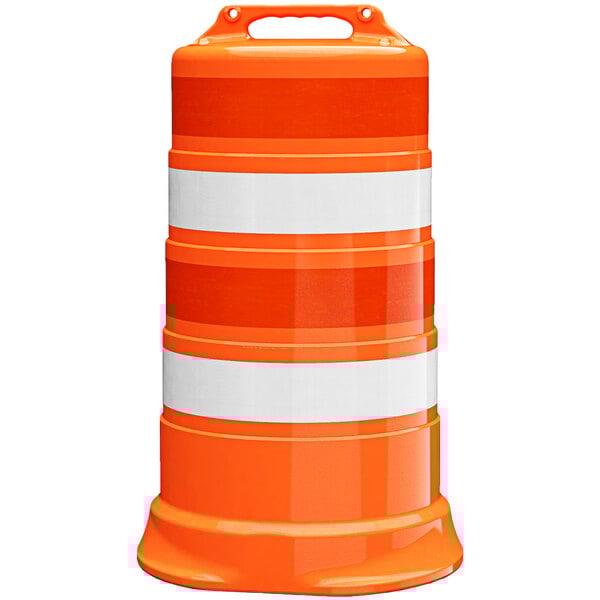 An orange and white Plasticade traffic drum with white stripes.