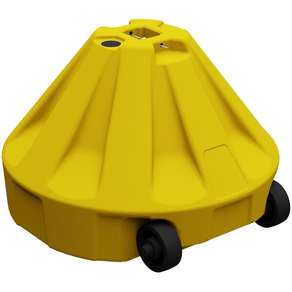 A yellow Plasticade Roll-a-Post plastic base with wheels.