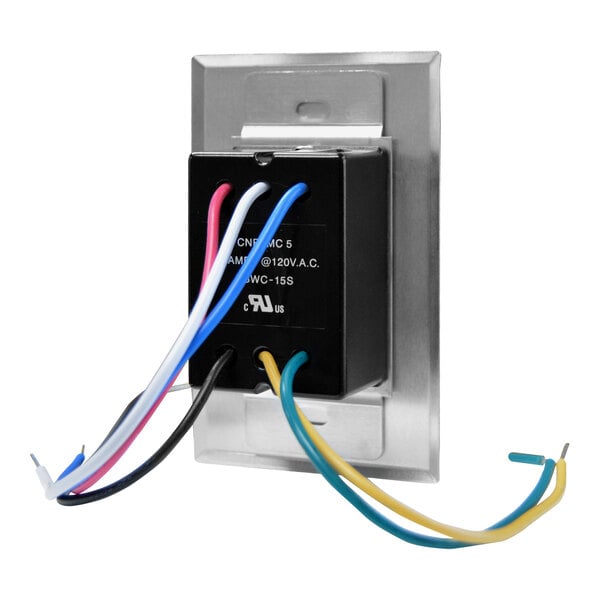 A wall-mounted electrical control unit with multiple colored wires extending from the back, designed for installation.