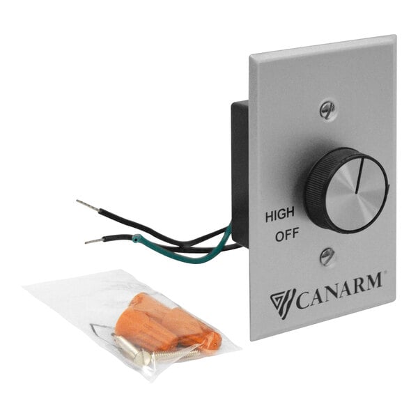A wall-mounted variable speed control switch with a knob labeled 'HIGH' and 'OFF,' visible wiring, and included installation hardware in a plastic bag.