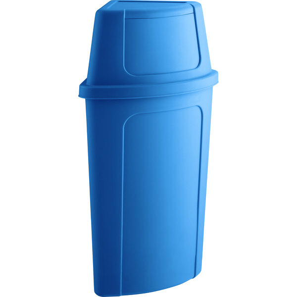 A blue Lavex corner round trash can with a blue push door lid.