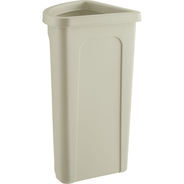 A beige Lavex corner round trash can with beige lid.