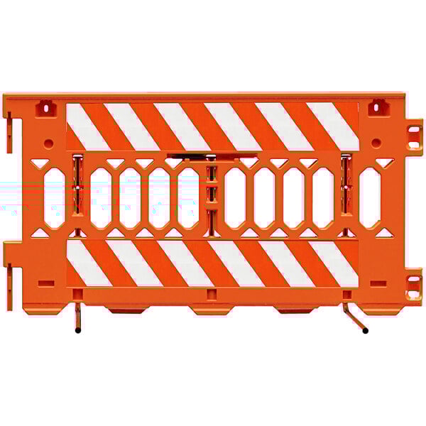 An orange Plasticade parade barricade with white stripes on the sides.